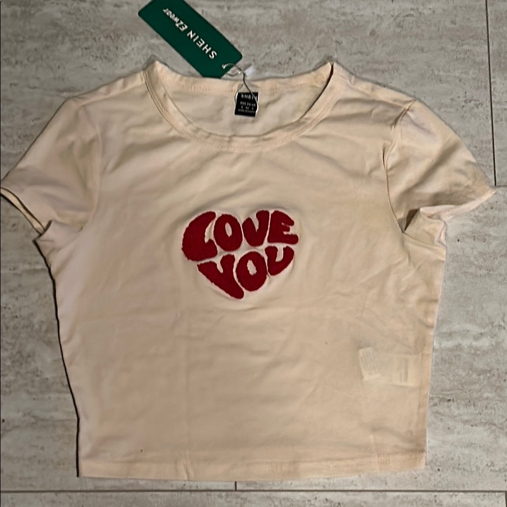 SHEIN Beige Tee with Red Heart Design